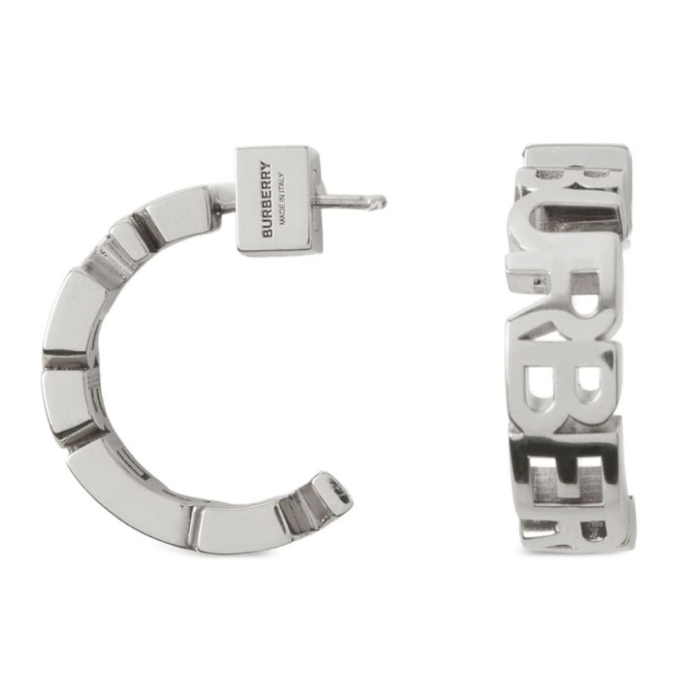 NWT BURBERRY Palladium-plated graphic logo hoop earrings